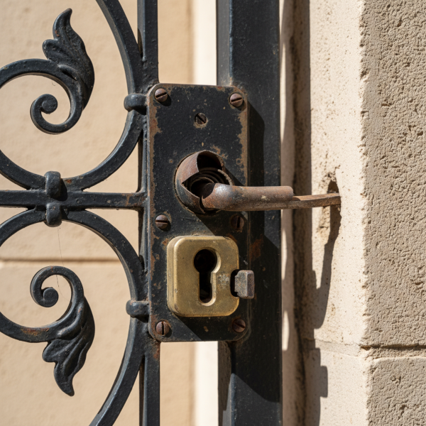 Serrure de portail endommagée sur un portail en fer forgé à Marseille.
