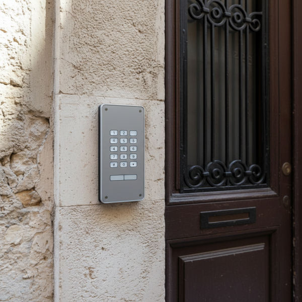 Digicode moderne encastré dans la façade d'un immeuble à Marseille.