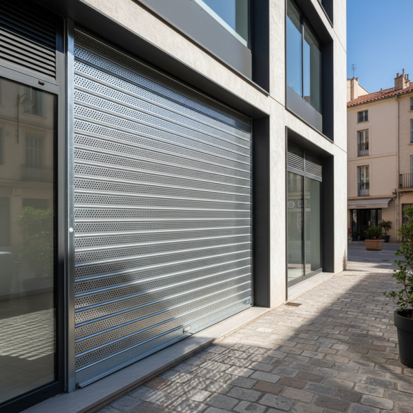 Rideau métallique gris installé sur la vitrine d'un local commercial à Marseille.